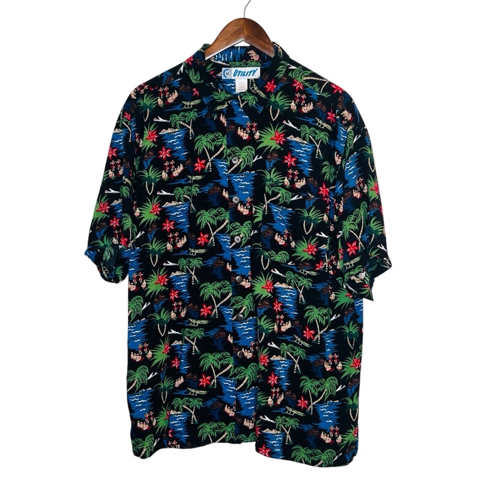Utility Hawaiian Short Sleeve Button Shirt Palm Trees Hula Girls Mens Size XL